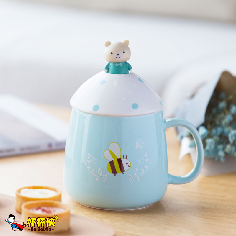 Cartoon Large Capacity Mug with Lid Spoon Breakfast Milk Cup Coffee Cup 