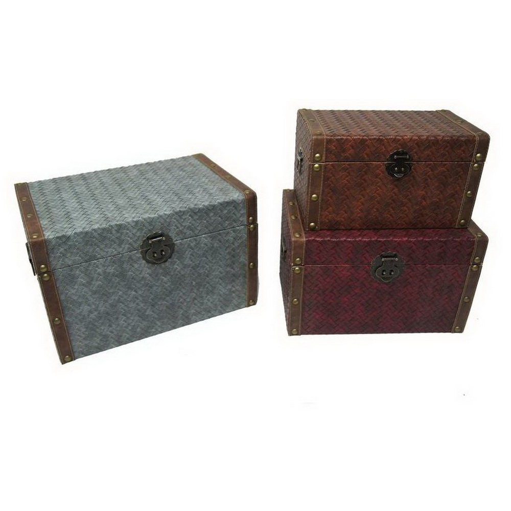 Highly Durable Home Decoration Vintage Rectangle Wooden Base Leather Storage Trunk 