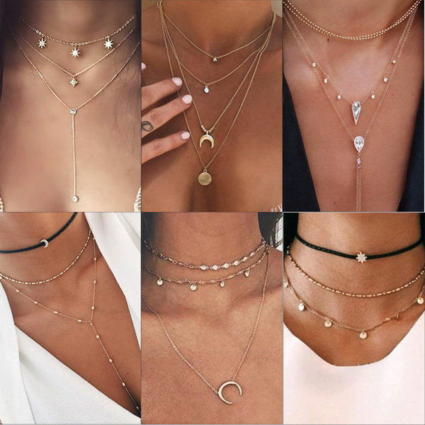 Crystal Pendant Necklace Women Gold Color Beads Moon Star Horn Crescent Choker Necklaces