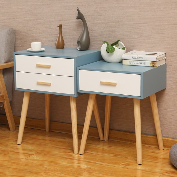 2 Chest of Drawers Bedside Table with Solid Oak Wood Legs And White Matt Finish 