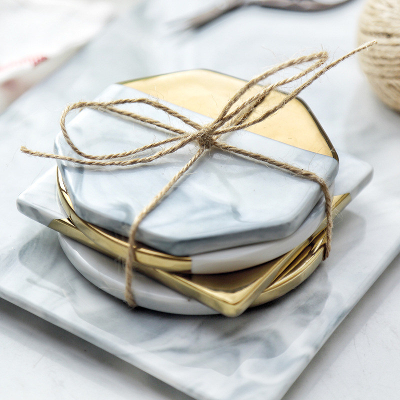 Marbled Ceramic Coasters Insulated MATS with Gold-plated Edges